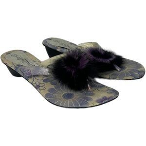 Lizhihua Purple Fuzzy Pom Pom Printed Sandals Low Heel Size 8 Mules Slip On Shoe